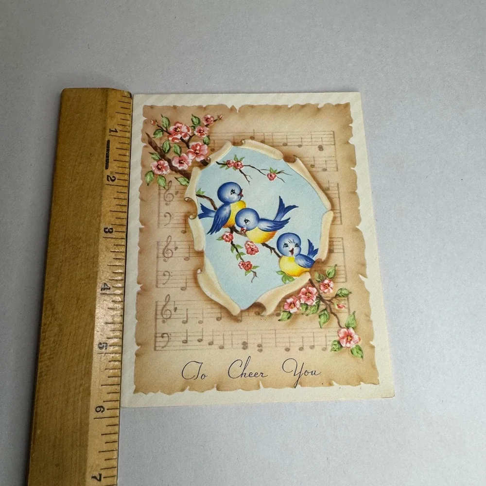 Vintage Get Well Soon Greeting Card Blue Birds Music Sheet To Cheer You Unused